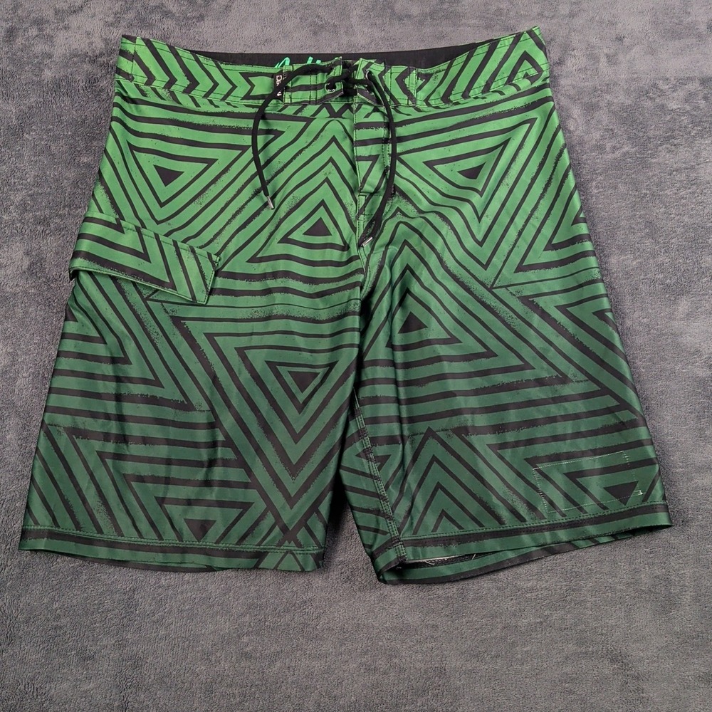 Da Hui Board Shorts Men38 Green Black Geometric Quick Dry Cargo Swim Trunks Surf